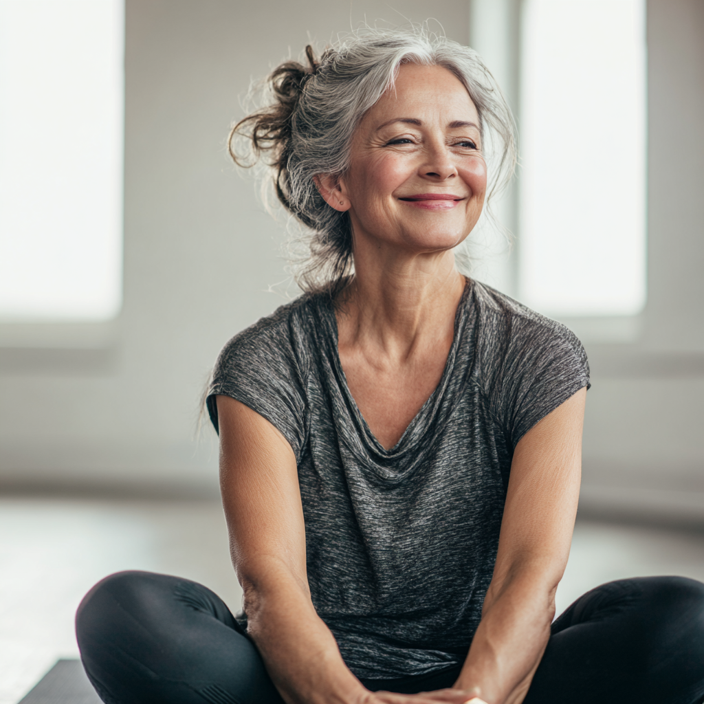 Жена на 55 години в удобна йога поза, усмихната и спокойна в светла студия