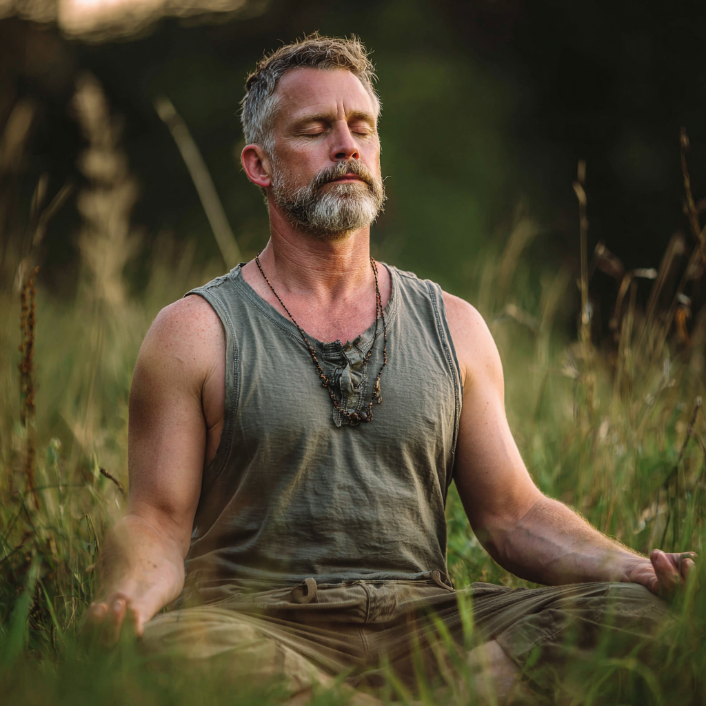 Мъж на 52 години в медитативна поза сред природа, с изражение на вътрешно спокойствие